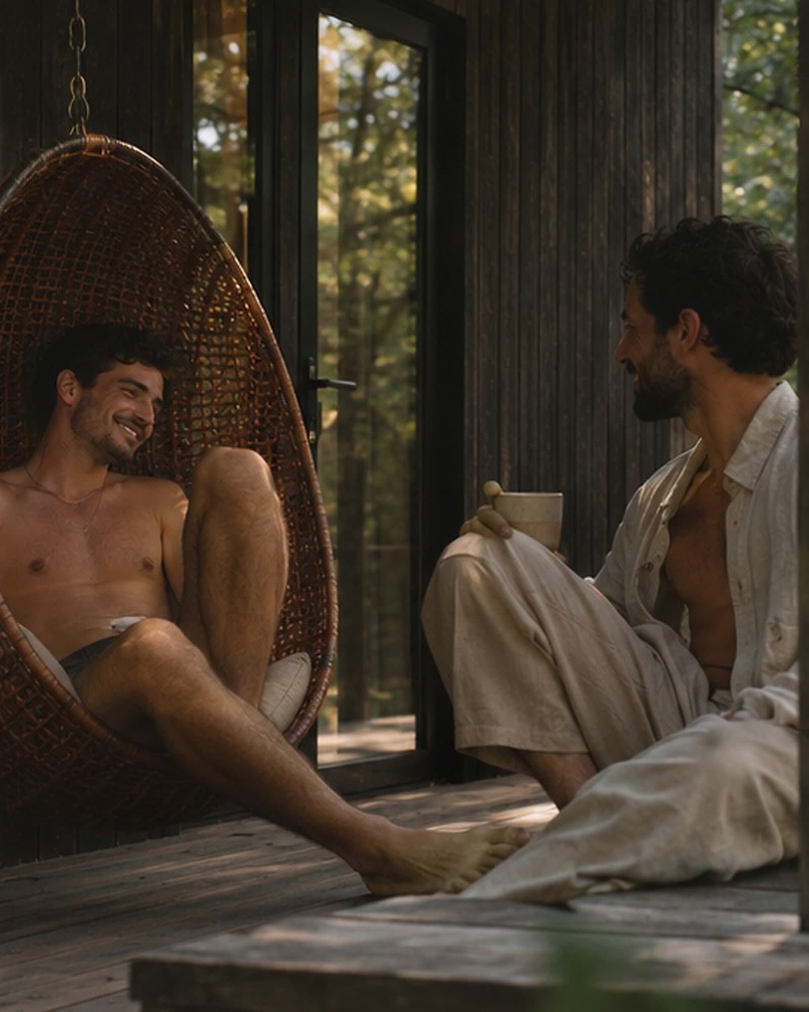 Two friends relaxing on a cabin porch in the forest